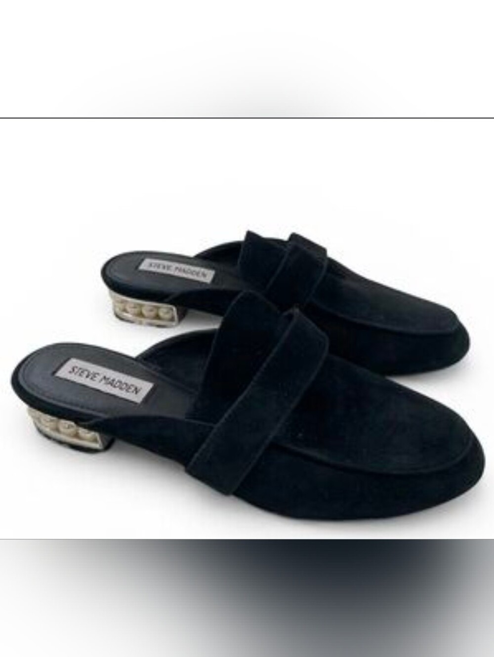 Steve Madden Black Suede Pearl-Accented Mule Loafers
